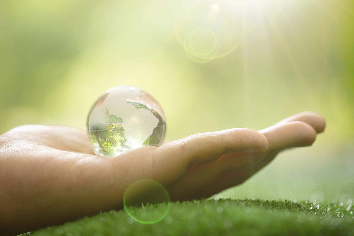 Close up of Green Planet in Your Hands. Save Earth. Environment